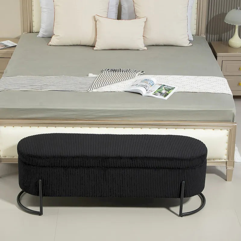 Banc de rangement ottoman de 52 pouces, capitonné, tissu velours, pieds en métal, style Mid-Century, beige / émeraude / noir / rose / orange / gris foncé, 1 unité