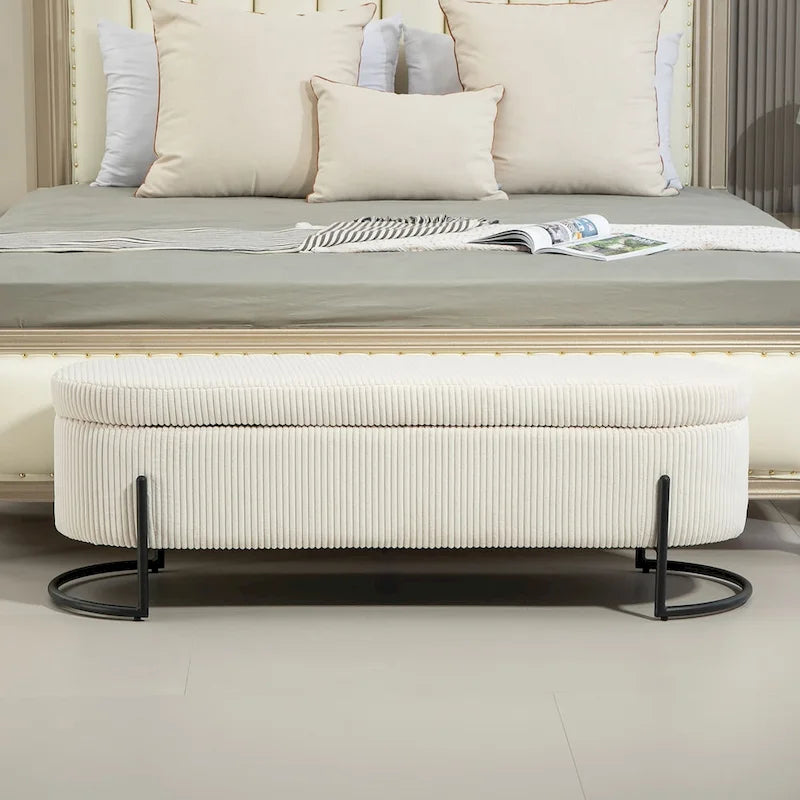 Banc de rangement ottoman de 52 pouces, capitonné, tissu velours, pieds en métal, style Mid-Century, beige / émeraude / noir / rose / orange / gris foncé, 1 unité