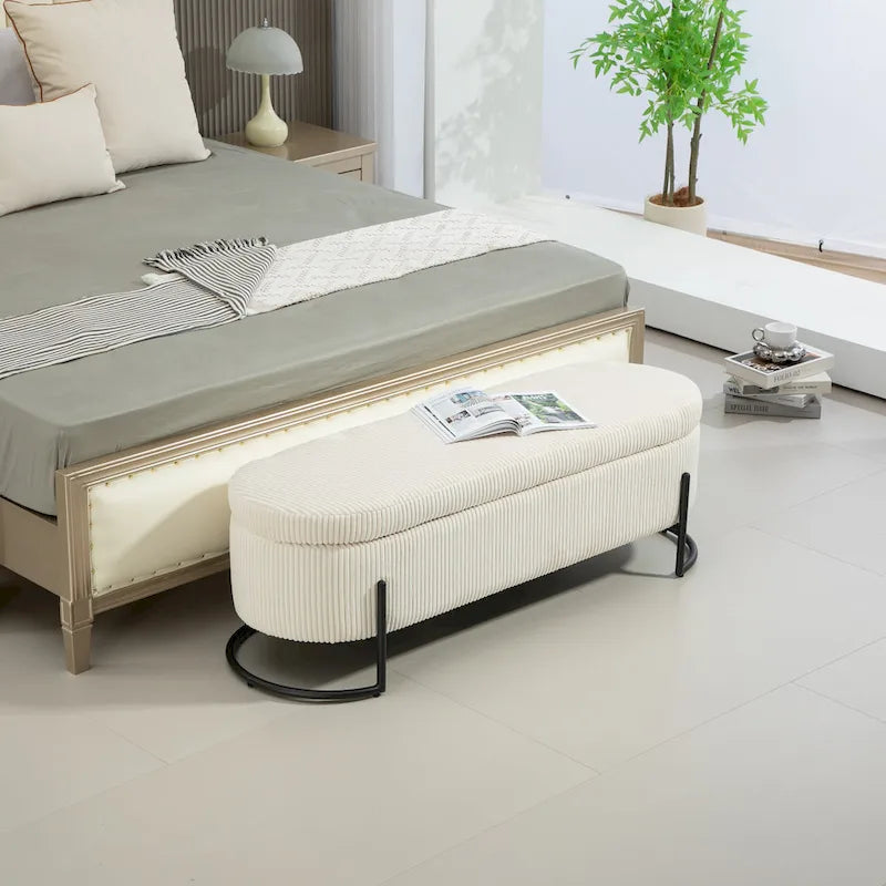 Banc de rangement ottoman de 52 pouces, capitonné, tissu velours, pieds en métal, style Mid-Century, beige / émeraude / noir / rose / orange / gris foncé, 1 unité