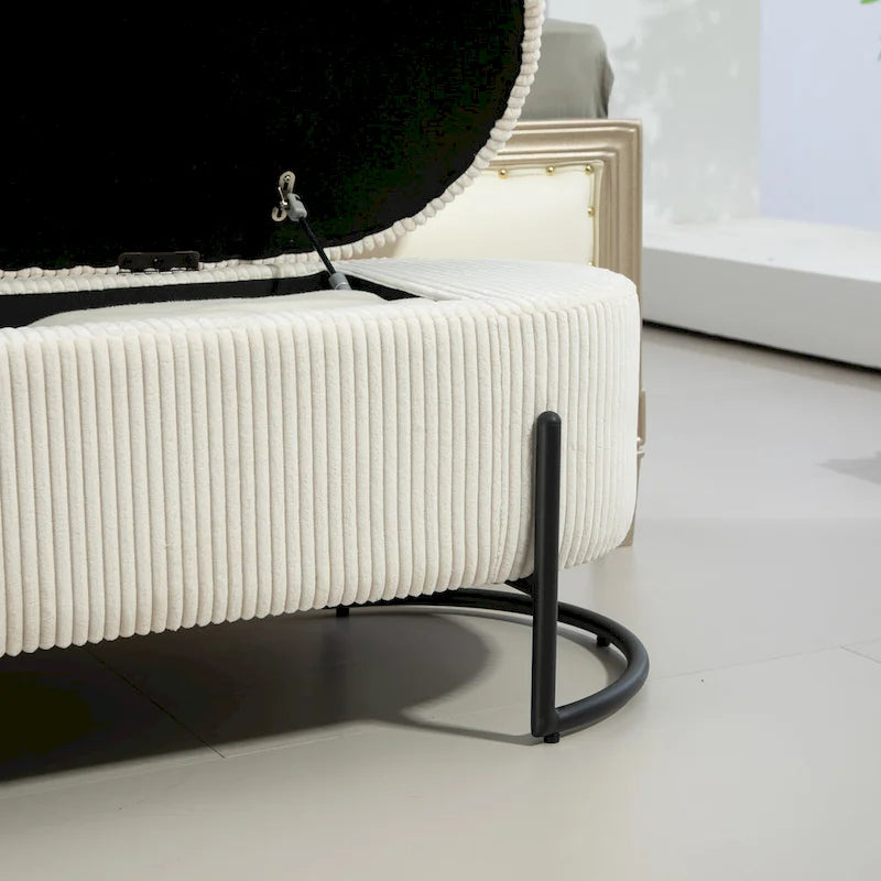 Banc de rangement ottoman de 52 pouces, capitonné, tissu velours, pieds en métal, style Mid-Century, beige / émeraude / noir / rose / orange / gris foncé, 1 unité