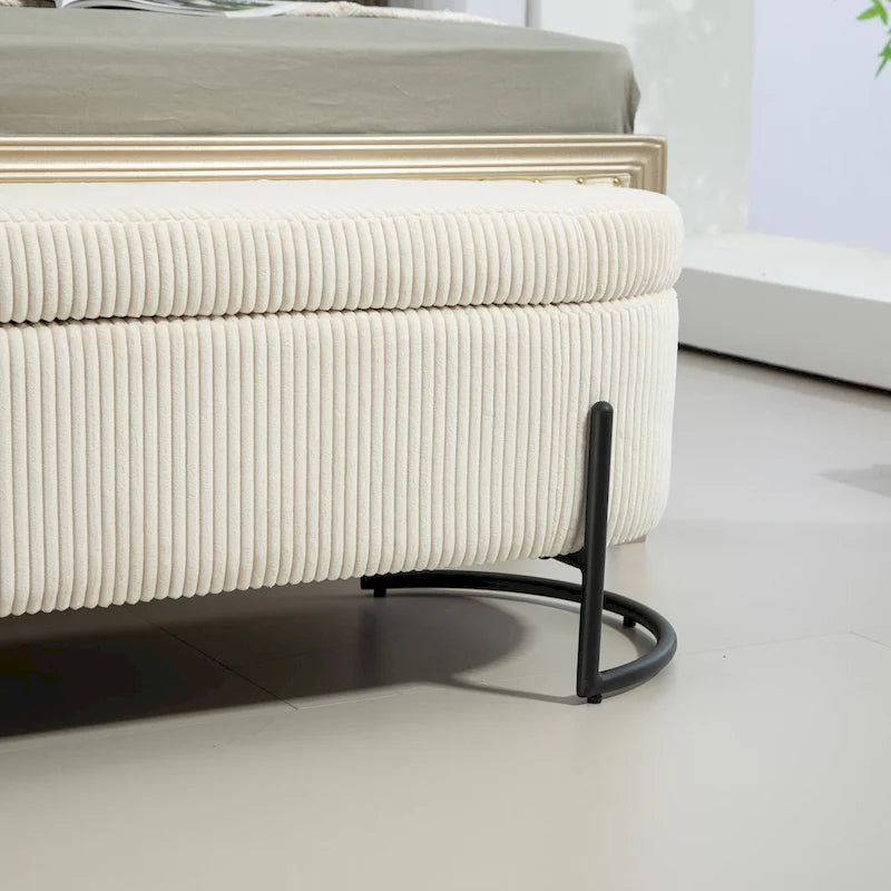 Banc de rangement ottoman de 52 pouces, capitonné, tissu velours, pieds en métal, style Mid-Century, beige / émeraude / noir / rose / orange / gris foncé, 1 unité