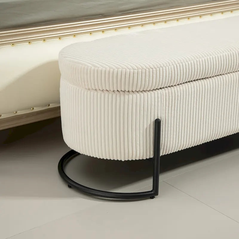Banc de rangement ottoman de 52 pouces, capitonné, tissu velours, pieds en métal, style Mid-Century, beige / émeraude / noir / rose / orange / gris foncé, 1 unité