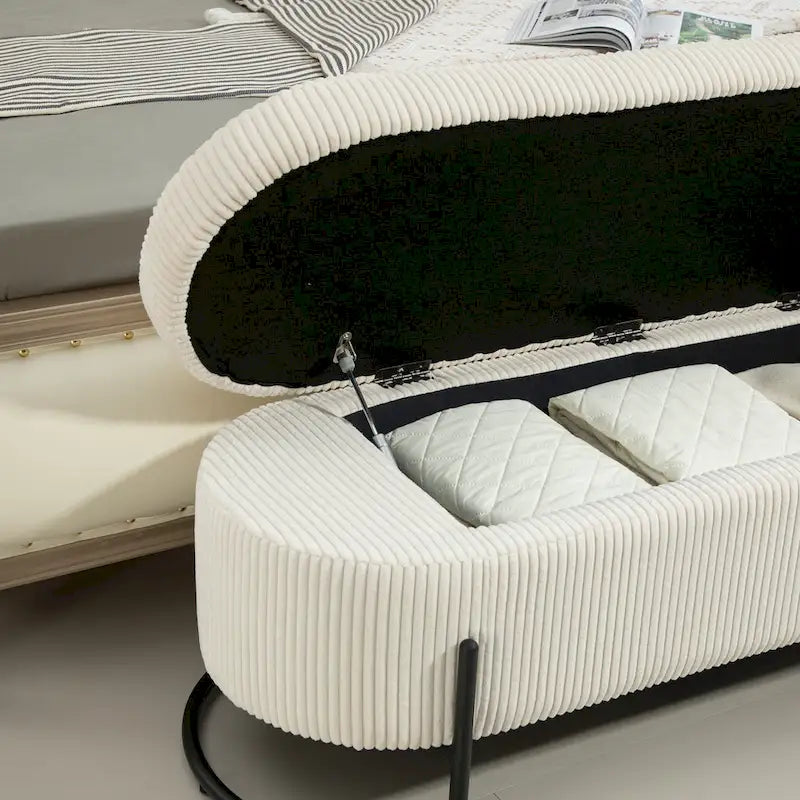 Banc de rangement ottoman de 52 pouces, capitonné, tissu velours, pieds en métal, style Mid-Century, beige / émeraude / noir / rose / orange / gris foncé, 1 unité