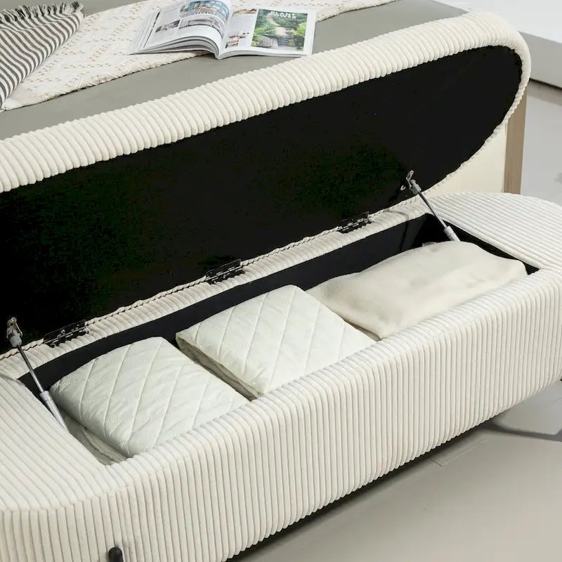 Banc de rangement ottoman de 52 pouces, capitonné, tissu velours, pieds en métal, style Mid-Century, beige / émeraude / noir / rose / orange / gris foncé, 1 unité