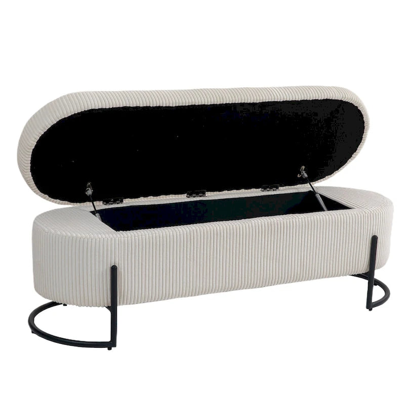 Banc de rangement ottoman de 52 pouces, capitonné, tissu velours, pieds en métal, style Mid-Century, beige / émeraude / noir / rose / orange / gris foncé, 1 unité