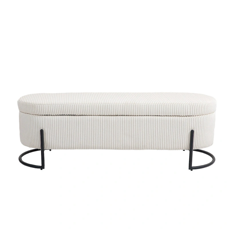 Banc de rangement ottoman de 52 pouces, capitonné, tissu velours, pieds en métal, style Mid-Century, beige / émeraude / noir / rose / orange / gris foncé, 1 unité