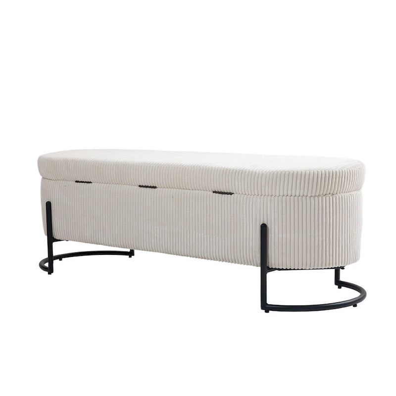 Banc de rangement ottoman de 52 pouces, capitonné, tissu velours, pieds en métal, style Mid-Century, beige / émeraude / noir / rose / orange / gris foncé, 1 unité