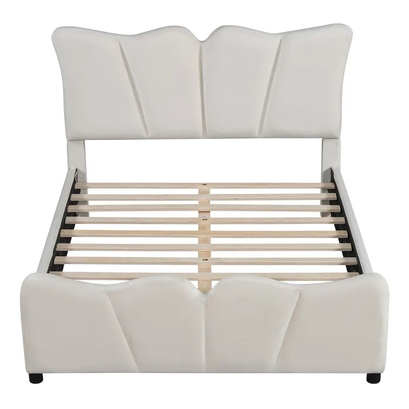 Lit plateforme rembourré pleine grandeur, Tissu velours, Tête et pied de lit, Style moderne, Beige / Gris, 1 personne