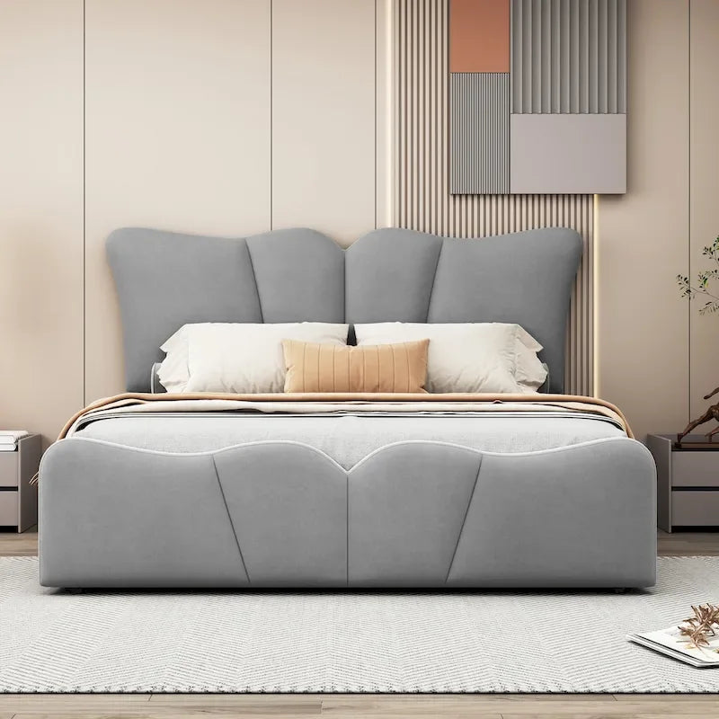 Lit plateforme rembourré pleine grandeur, Tissu velours, Tête et pied de lit, Style moderne, Beige / Gris, 1 personne