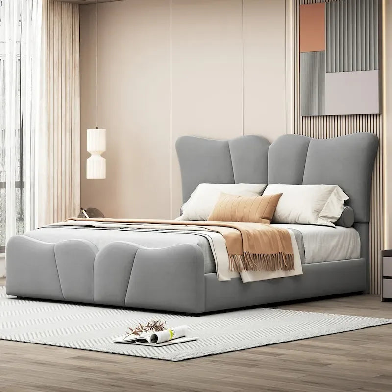 Lit plateforme rembourré pleine grandeur, Tissu velours, Tête et pied de lit, Style moderne, Beige / Gris, 1 personne