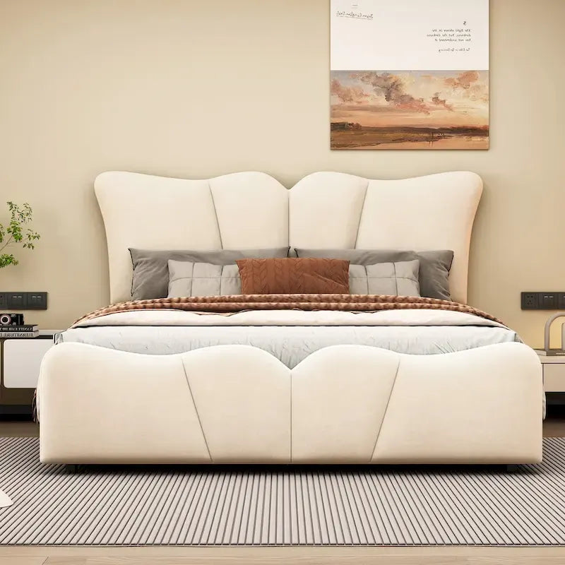 Lit plateforme rembourré pleine grandeur, Tissu velours, Tête et pied de lit, Style moderne, Beige / Gris, 1 personne