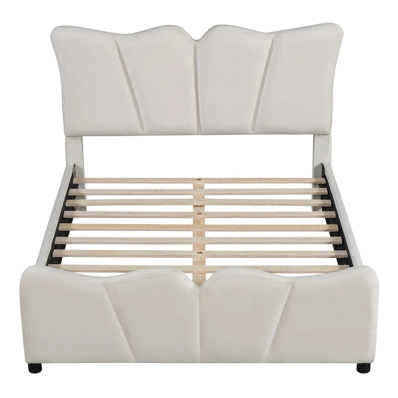 Lit plateforme rembourré pleine grandeur, Tissu velours, Tête et pied de lit, Style moderne, Beige / Gris, 1 personne