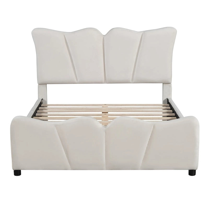 Lit plateforme rembourré pleine grandeur, Tissu velours, Tête et pied de lit, Style moderne, Beige / Gris, 1 personne