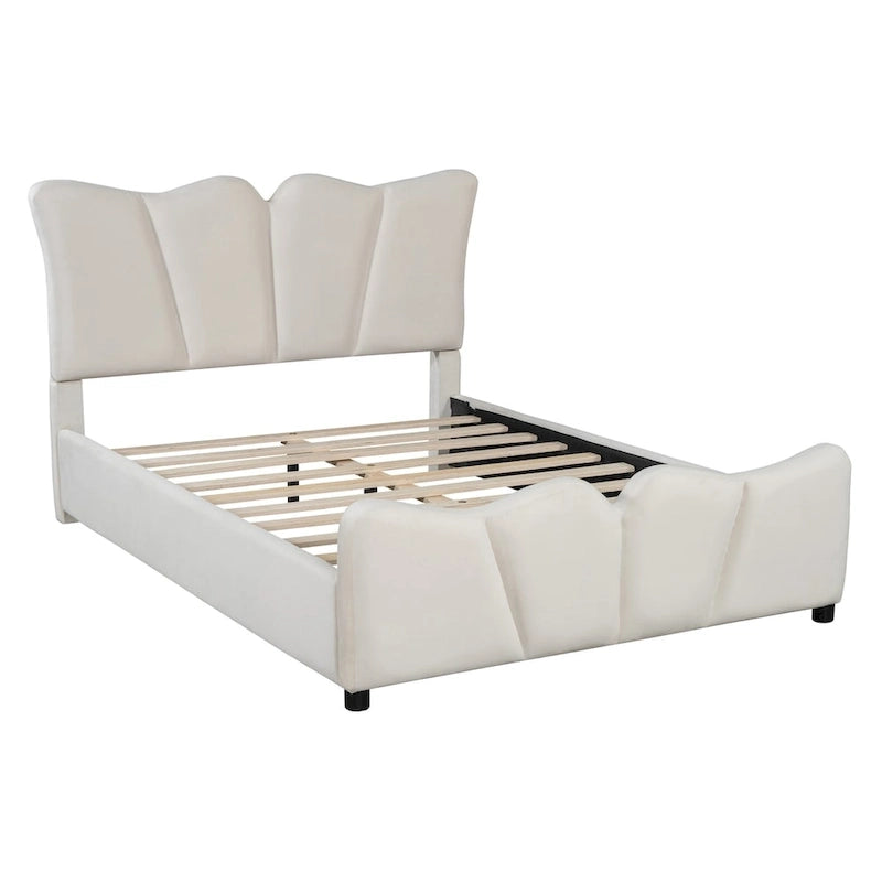 Lit plateforme rembourré pleine grandeur, Tissu velours, Tête et pied de lit, Style moderne, Beige / Gris, 1 personne