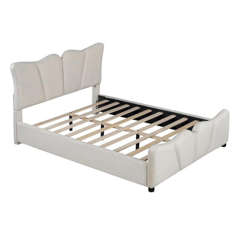 Lit plateforme rembourré pleine grandeur, Tissu velours, Tête et pied de lit, Style moderne, Beige / Gris, 1 personne