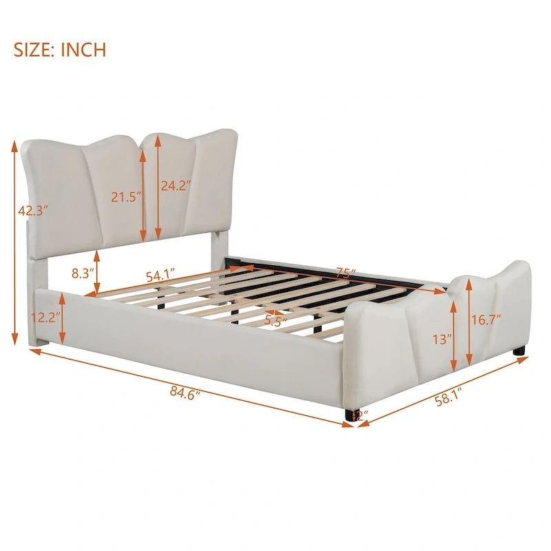 Lit plateforme rembourré pleine grandeur, Tissu velours, Tête et pied de lit, Style moderne, Beige / Gris, 1 personne