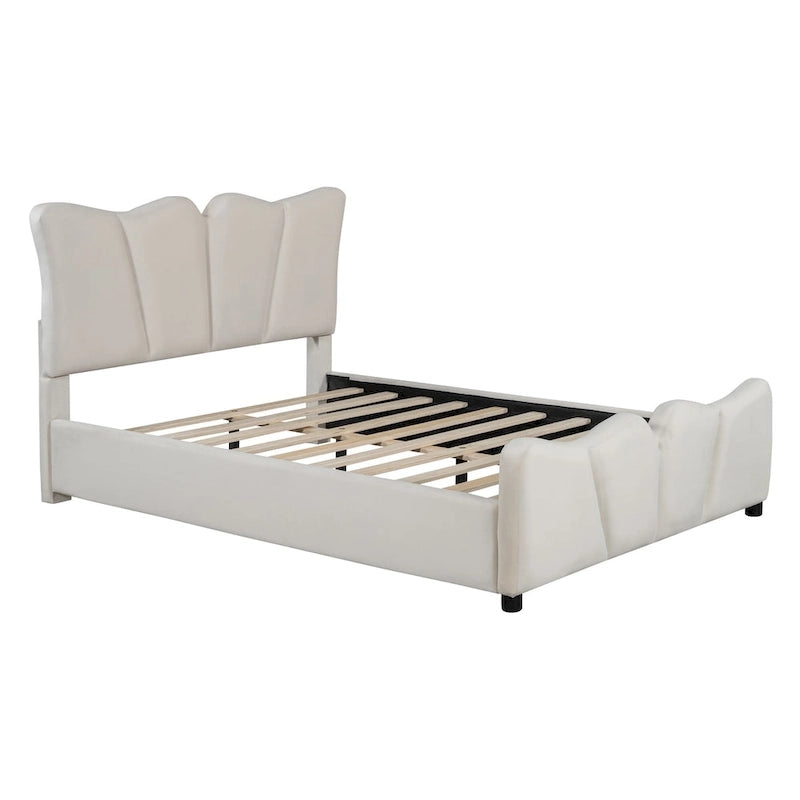 Lit plateforme rembourré pleine grandeur, Tissu velours, Tête et pied de lit, Style moderne, Beige / Gris, 1 personne