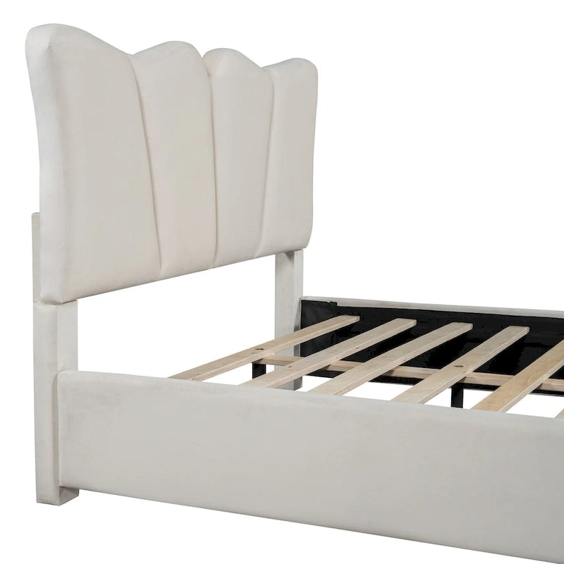 Lit plateforme rembourré pleine grandeur, Tissu velours, Tête et pied de lit, Style moderne, Beige / Gris, 1 personne