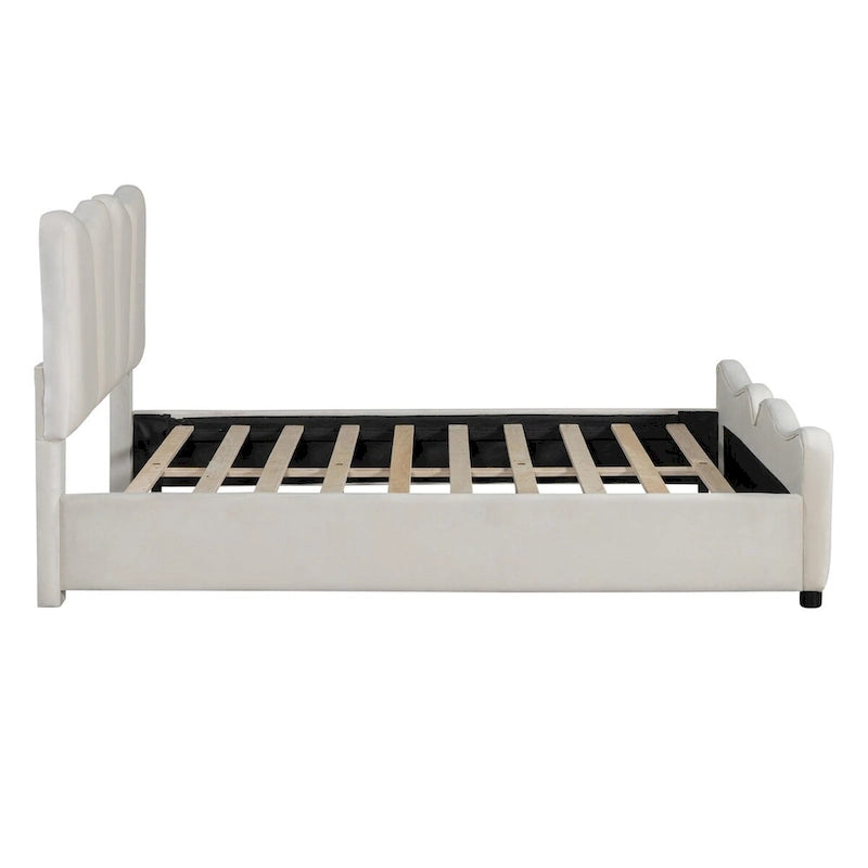 Lit plateforme rembourré pleine grandeur, Tissu velours, Tête et pied de lit, Style moderne, Beige / Gris, 1 personne