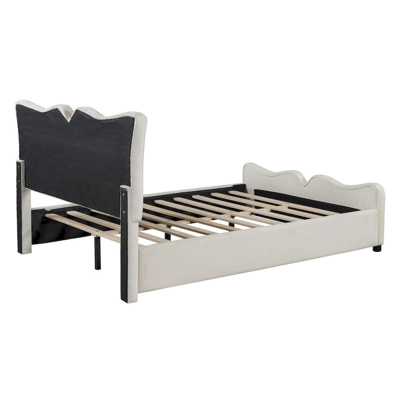 Lit plateforme rembourré pleine grandeur, Tissu velours, Tête et pied de lit, Style moderne, Beige / Gris, 1 personne