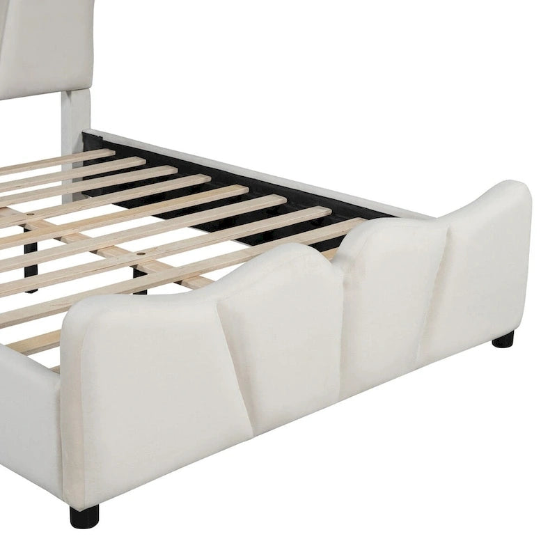 Lit plateforme rembourré pleine grandeur, Tissu velours, Tête et pied de lit, Style moderne, Beige / Gris, 1 personne
