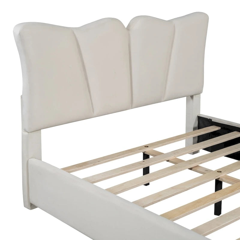 Lit plateforme rembourré pleine grandeur, Tissu velours, Tête et pied de lit, Style moderne, Beige / Gris, 1 personne