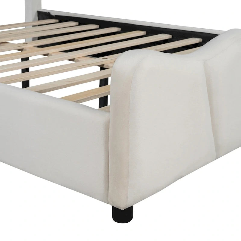 Lit plateforme rembourré pleine grandeur, Tissu velours, Tête et pied de lit, Style moderne, Beige / Gris, 1 personne