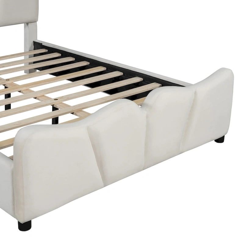 Lit plateforme rembourré pleine grandeur, Tissu velours, Tête et pied de lit, Style moderne, Beige / Gris, 1 personne