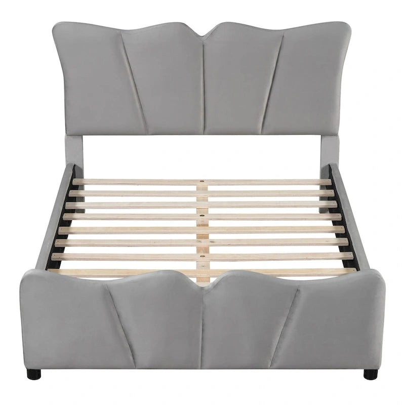 Lit plateforme rembourré pleine grandeur, Tissu velours, Tête et pied de lit, Style moderne, Beige / Gris, 1 personne
