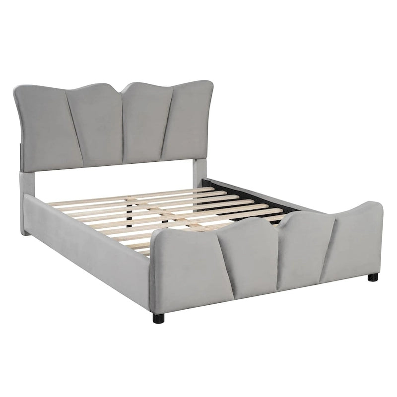 Lit plateforme rembourré pleine grandeur, Tissu velours, Tête et pied de lit, Style moderne, Beige / Gris, 1 personne