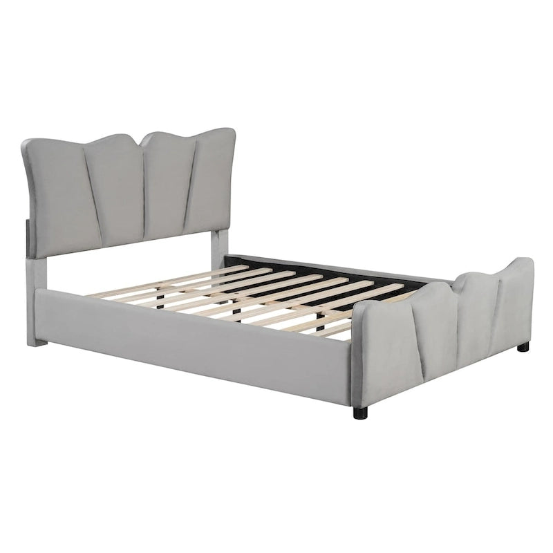 Lit plateforme rembourré pleine grandeur, Tissu velours, Tête et pied de lit, Style moderne, Beige / Gris, 1 personne