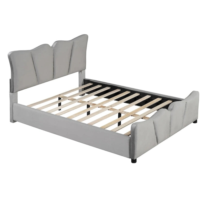 Lit plateforme rembourré pleine grandeur, Tissu velours, Tête et pied de lit, Style moderne, Beige / Gris, 1 personne