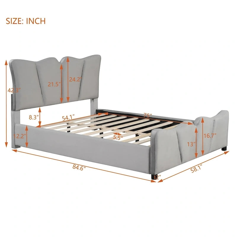 Lit plateforme rembourré pleine grandeur, Tissu velours, Tête et pied de lit, Style moderne, Beige / Gris, 1 personne