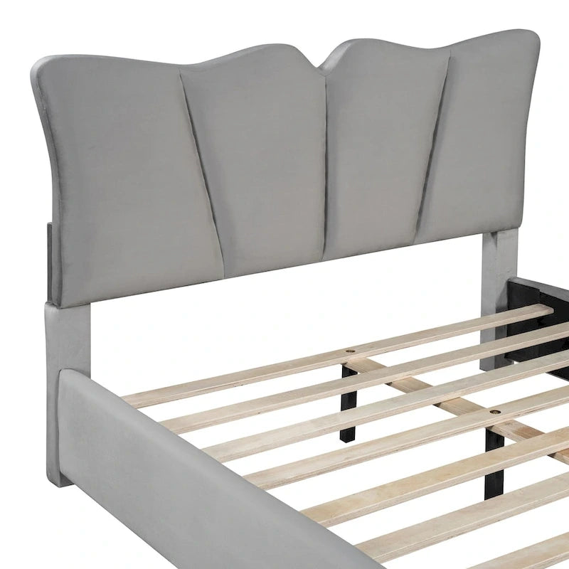 Lit plateforme rembourré pleine grandeur, Tissu velours, Tête et pied de lit, Style moderne, Beige / Gris, 1 personne