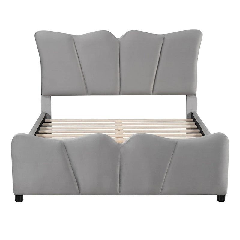 Lit plateforme rembourré pleine grandeur, Tissu velours, Tête et pied de lit, Style moderne, Beige / Gris, 1 personne