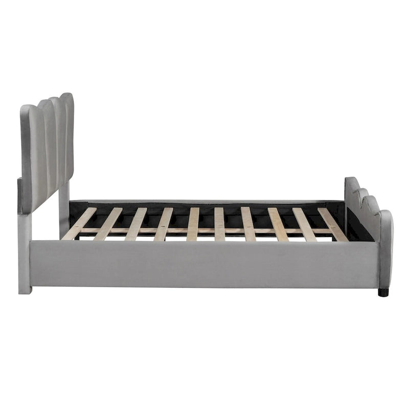 Lit plateforme rembourré pleine grandeur, Tissu velours, Tête et pied de lit, Style moderne, Beige / Gris, 1 personne