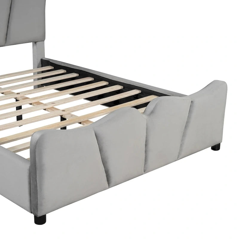 Lit plateforme rembourré pleine grandeur, Tissu velours, Tête et pied de lit, Style moderne, Beige / Gris, 1 personne