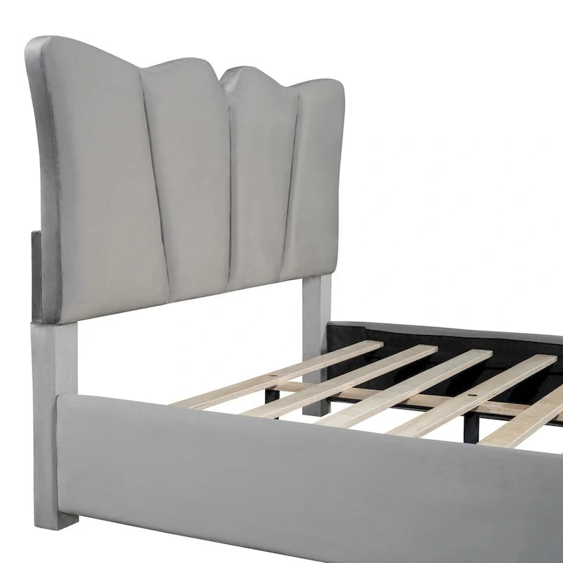 Lit plateforme rembourré pleine grandeur, Tissu velours, Tête et pied de lit, Style moderne, Beige / Gris, 1 personne