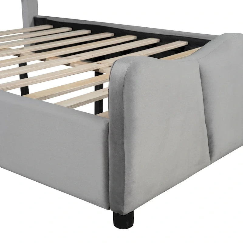 Lit plateforme rembourré pleine grandeur, Tissu velours, Tête et pied de lit, Style moderne, Beige / Gris, 1 personne