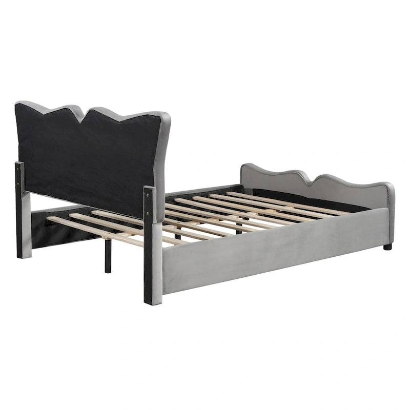 Lit plateforme rembourré pleine grandeur, Tissu velours, Tête et pied de lit, Style moderne, Beige / Gris, 1 personne