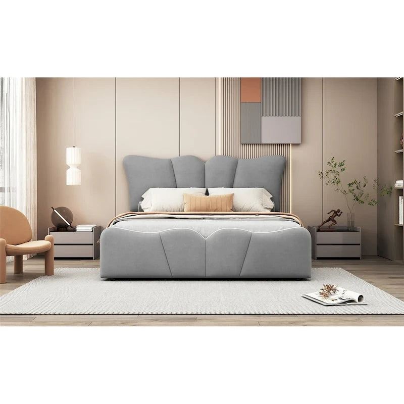 Lit plateforme rembourré pleine grandeur, Tissu velours, Tête et pied de lit, Style moderne, Beige / Gris, 1 personne