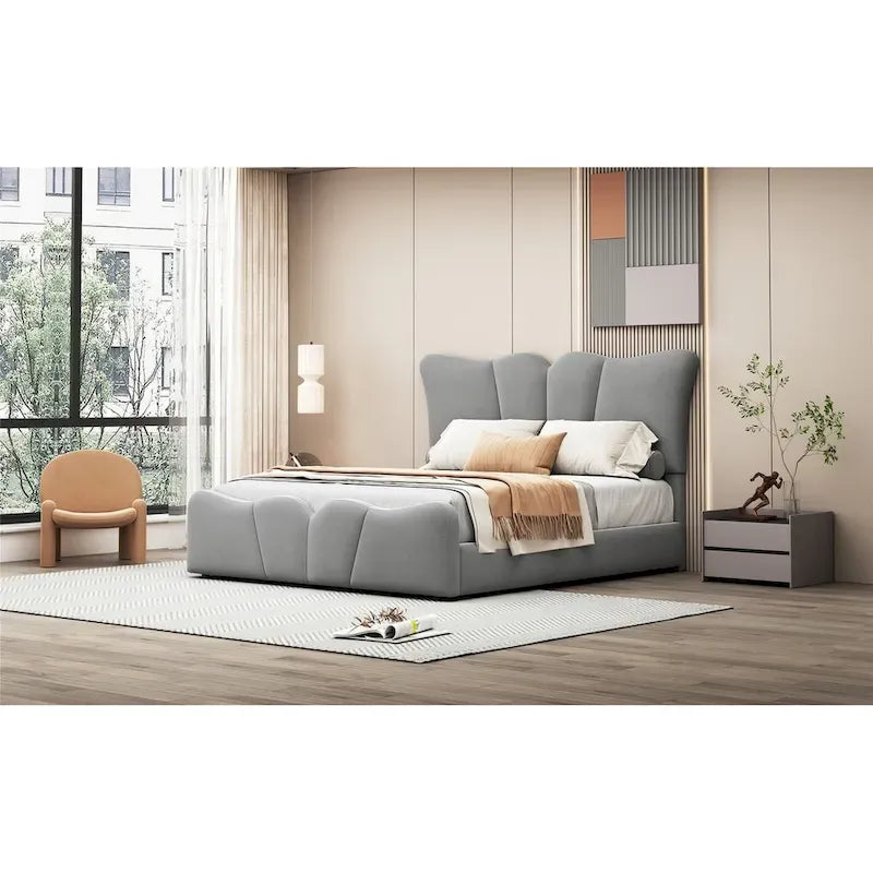 Lit plateforme rembourré pleine grandeur, Tissu velours, Tête et pied de lit, Style moderne, Beige / Gris, 1 personne