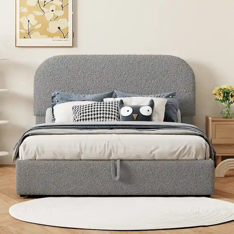 Lit plateforme rembourré, tête de lit incurvée, rangement hydraulique, polaire teddy, style moderne, gris/blanc, 2 personnes