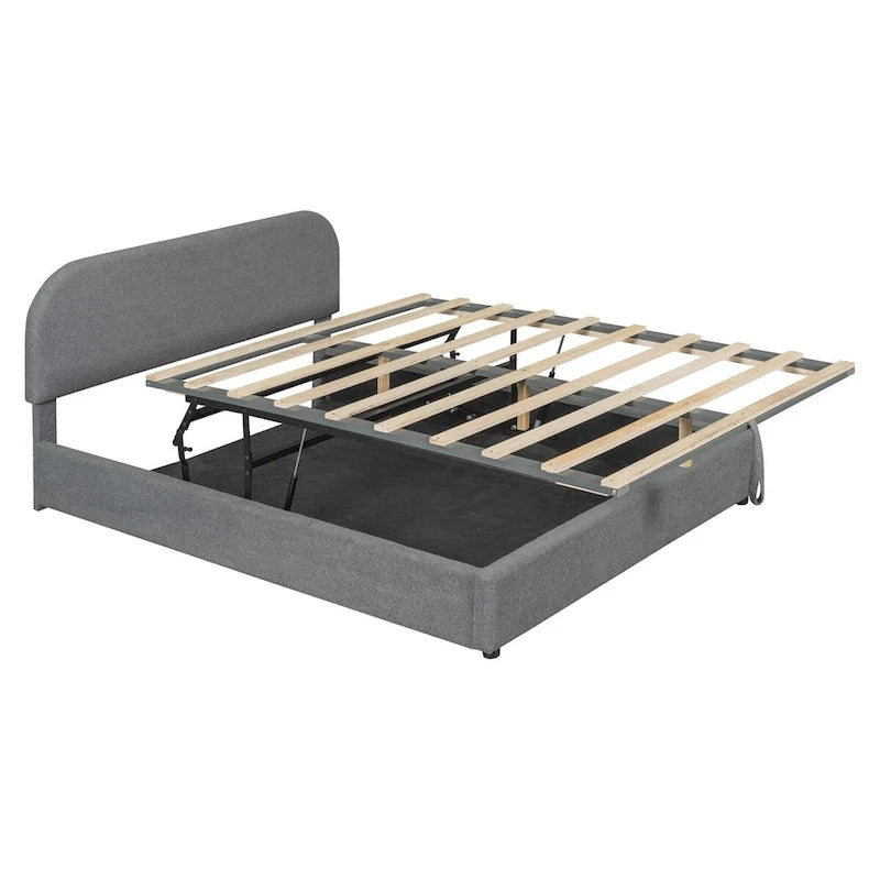 Lit plateforme rembourré, tête de lit incurvée, rangement hydraulique, polaire teddy, style moderne, gris/blanc, 2 personnes