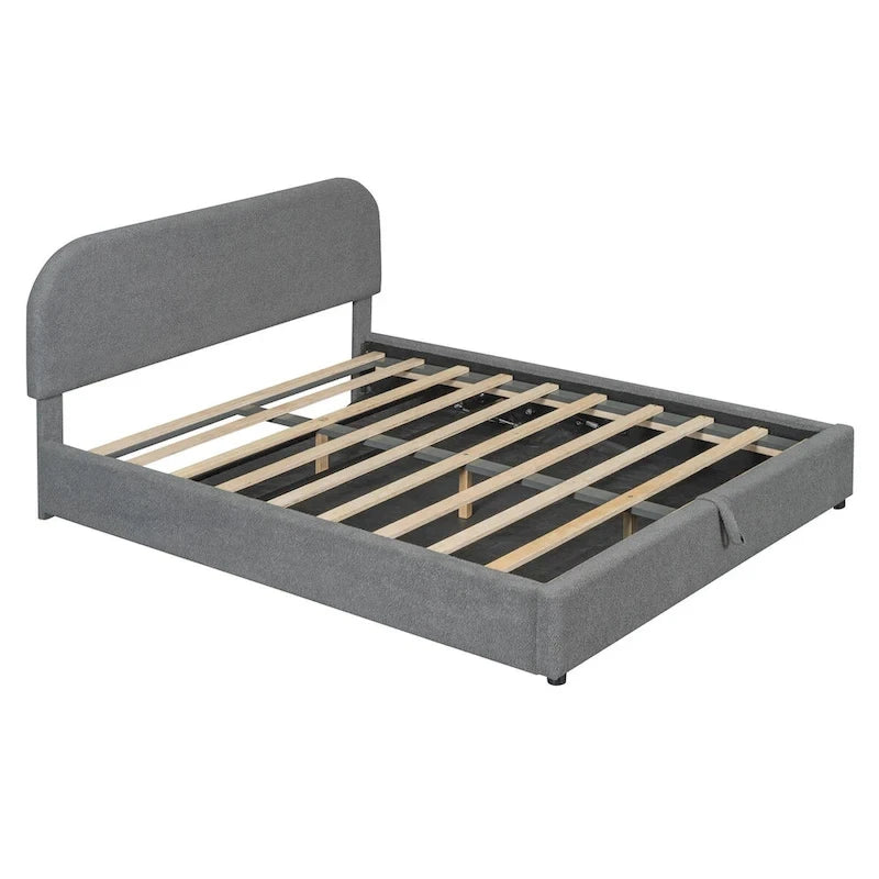 Lit plateforme rembourré, tête de lit incurvée, rangement hydraulique, polaire teddy, style moderne, gris/blanc, 2 personnes