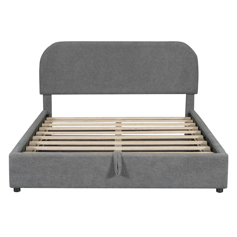 Lit plateforme rembourré, tête de lit incurvée, rangement hydraulique, polaire teddy, style moderne, gris/blanc, 2 personnes