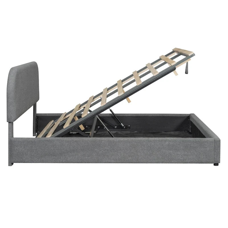 Lit plateforme rembourré, tête de lit incurvée, rangement hydraulique, polaire teddy, style moderne, gris/blanc, 2 personnes