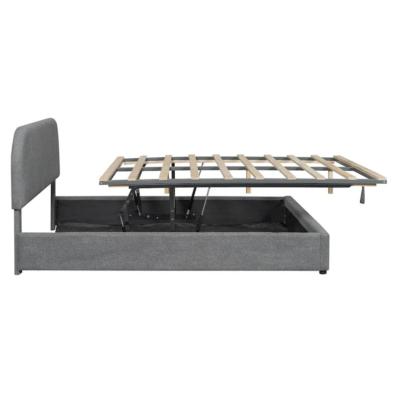 Lit plateforme rembourré, tête de lit incurvée, rangement hydraulique, polaire teddy, style moderne, gris/blanc, 2 personnes