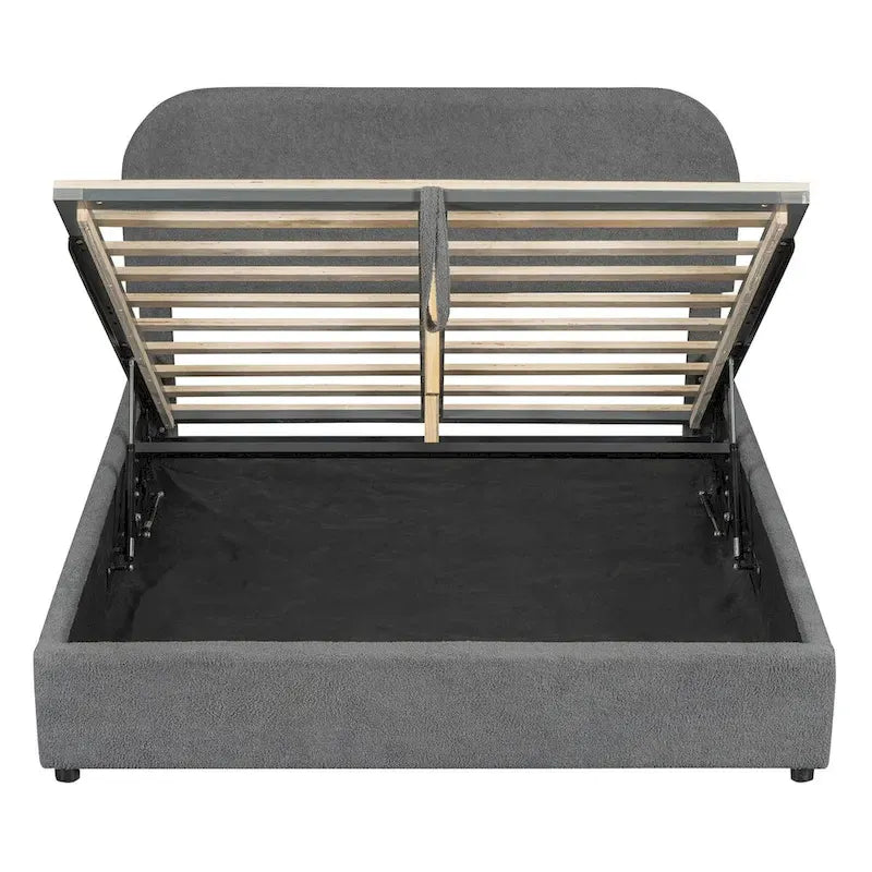 Lit plateforme rembourré, tête de lit incurvée, rangement hydraulique, polaire teddy, style moderne, gris/blanc, 2 personnes
