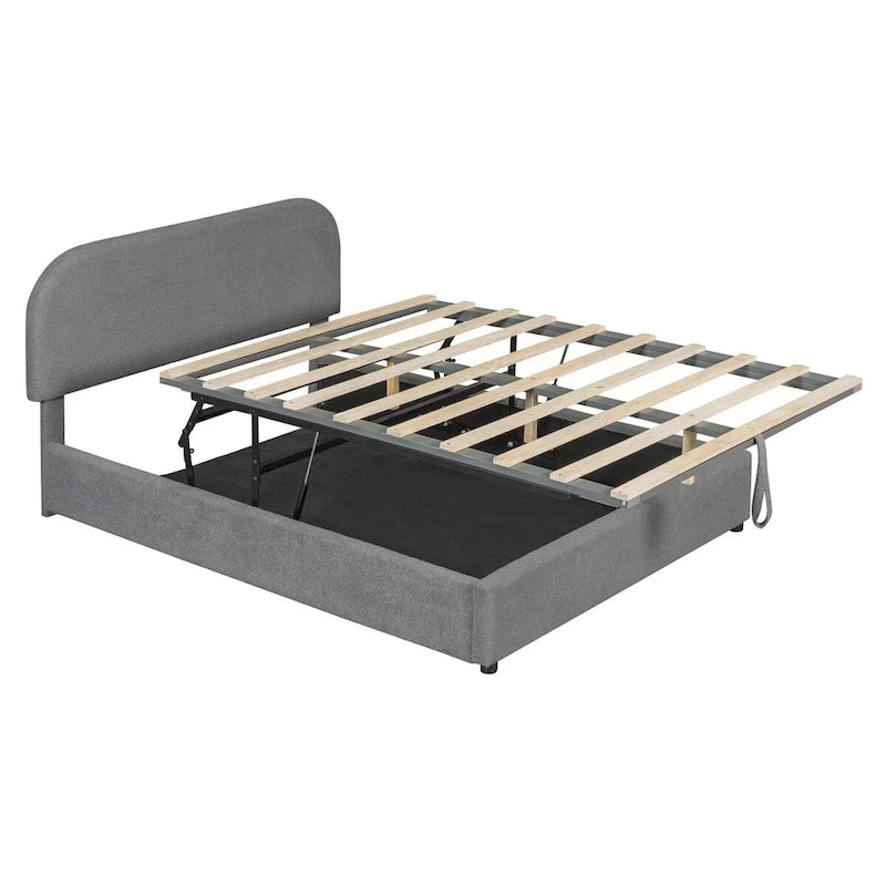 Lit plateforme rembourré, tête de lit incurvée, rangement hydraulique, polaire teddy, style moderne, gris/blanc, 2 personnes